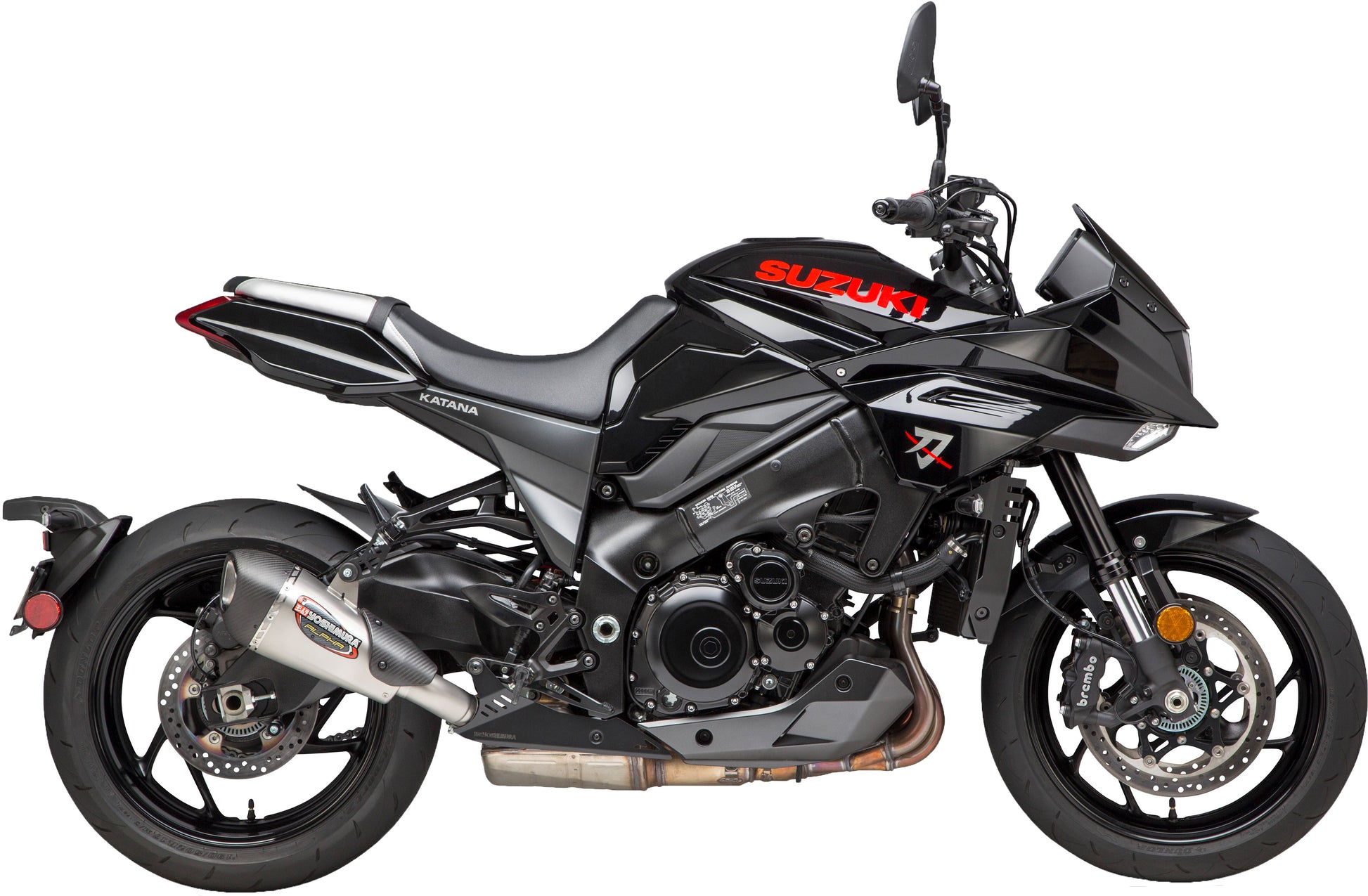 YOSHIMURA Alpha T Street SS exhaust with carbon fiber finish, showcasing the sleek stainless steel and carbon fiber details.