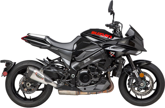 YOSHIMURA Alpha T Street SS exhaust with carbon fiber finish, showcasing the sleek stainless steel and carbon fiber details.
