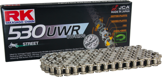 RK EXCEL SV530UWR silver drive chain for vintage motorcycles, 530 x 120 size, with links visible in the image.