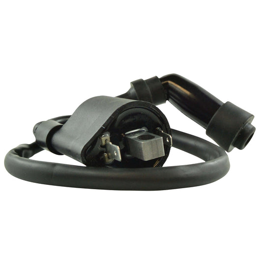 RM STATOR external ignition coil with spark plug cap, motorcycle part RM06049, showing the coil and attached cap.