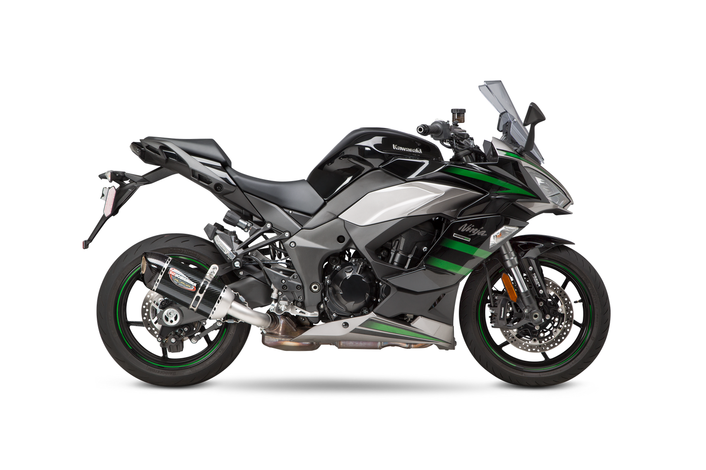 YOSHIMURA RS-12 ADV Street Alpha slip-on exhaust for Kawasaki with matte carbon fiber end cap, showcasing sleek metallic finish and branding