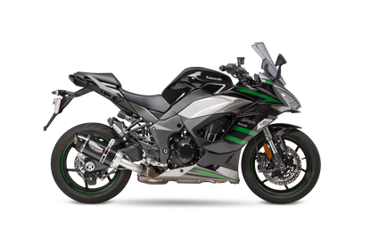 YOSHIMURA RS-12 ADV Street Alpha slip-on exhaust for Kawasaki with matte carbon fiber end cap, showcasing sleek metallic finish and branding