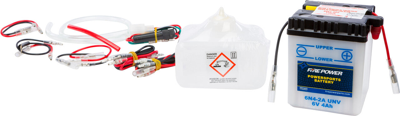 Fire Power 6V standard battery with acid pack, compact and rechargeable for motorcycle or small vehicle use.