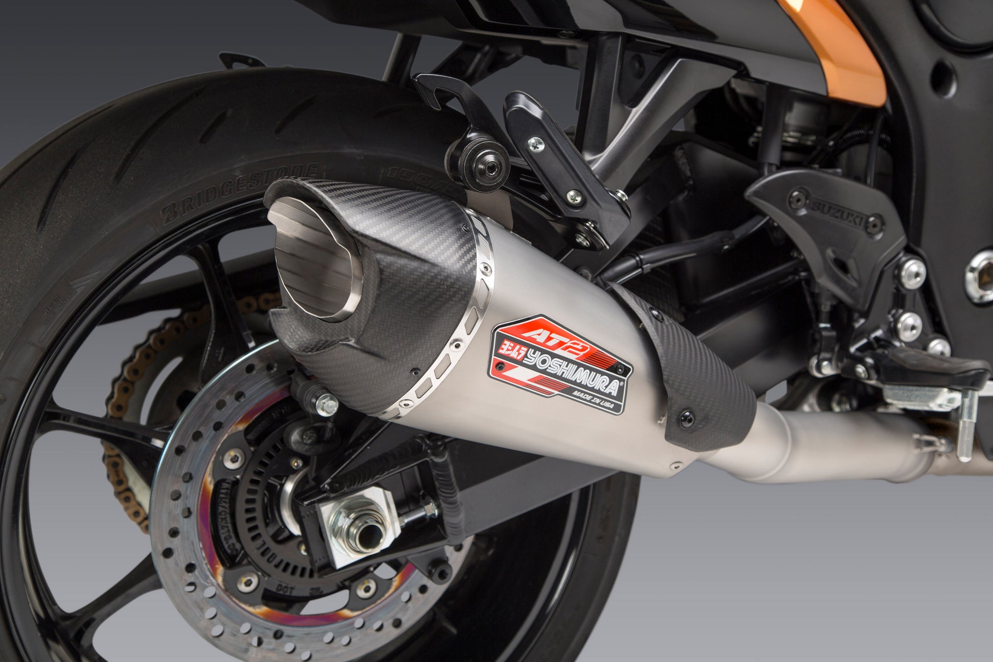 YOSHIMURA 11211AP520 Exhaust At2 Race FS stainless steel and carbon fiber, lightweight motorcycle exhaust system.