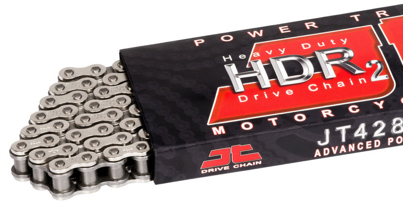 Heavy-duty JT Chain HDR 428 104L off-road motorcycle chain with durable metal links, designed for rugged motorcycle performance.
