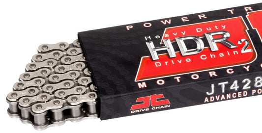 Heavy-duty JT Chain HDR 428 104L off-road motorcycle chain with durable metal links, designed for rugged motorcycle performance.