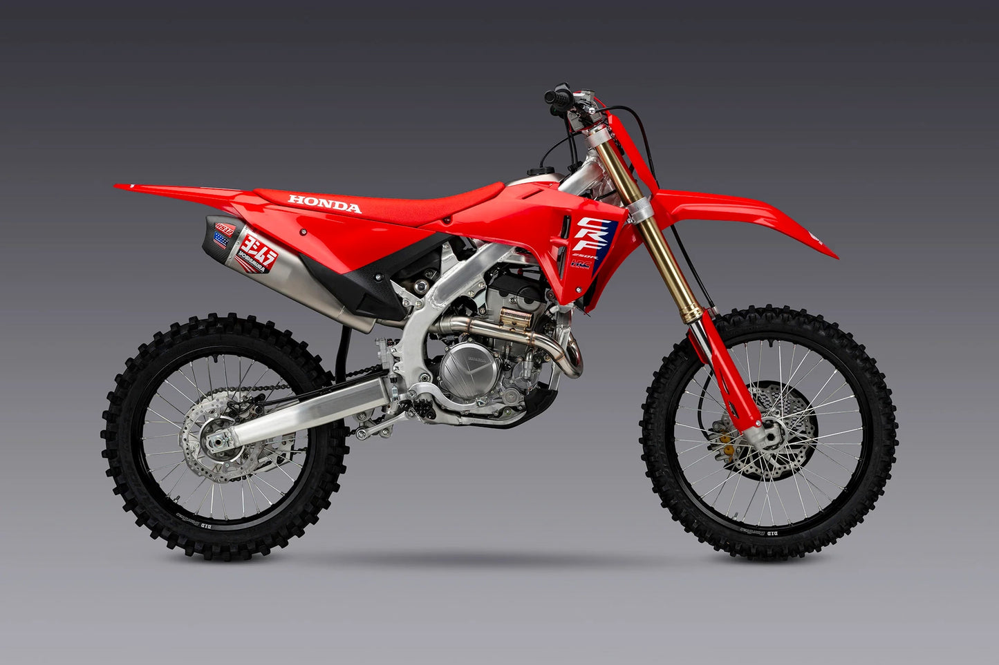 YOSHIMURA RS-12 motorcycle exhaust system for Honda CRF250R/RX, high-performance upgrade with polished metal finish