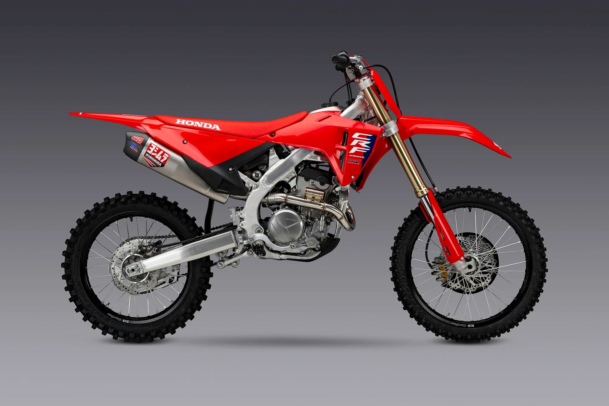 YOSHIMURA RS-12 motorcycle exhaust system for Honda CRF250R/RX, high-performance upgrade with polished metal finish