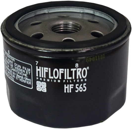 HIFLOFILTRO HF565 motorcycle engine oil filter showing the cylindrical metal canister with brand logo and filter details