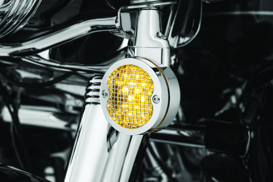 Kuryakyn Mesh Turn Signal Bezels in chrome, 3-1/4 inch size, rugged aluminum and stainless steel protection for Harley Davidson bikes