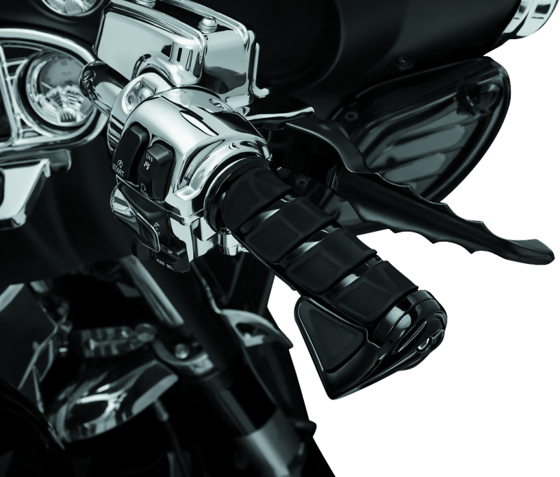 Kuryakyn Kinetic grips for Indian Motorcycle in glossy black with textured design and ergonomic shape, mounted on motorcycle handlebars.