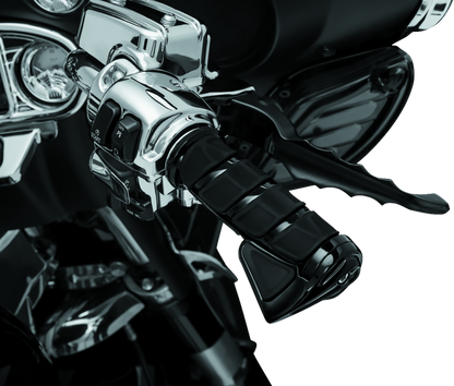 Kuryakyn Kinetic grips for Indian Motorcycle in glossy black with textured design and ergonomic shape, mounted on motorcycle handlebars.
