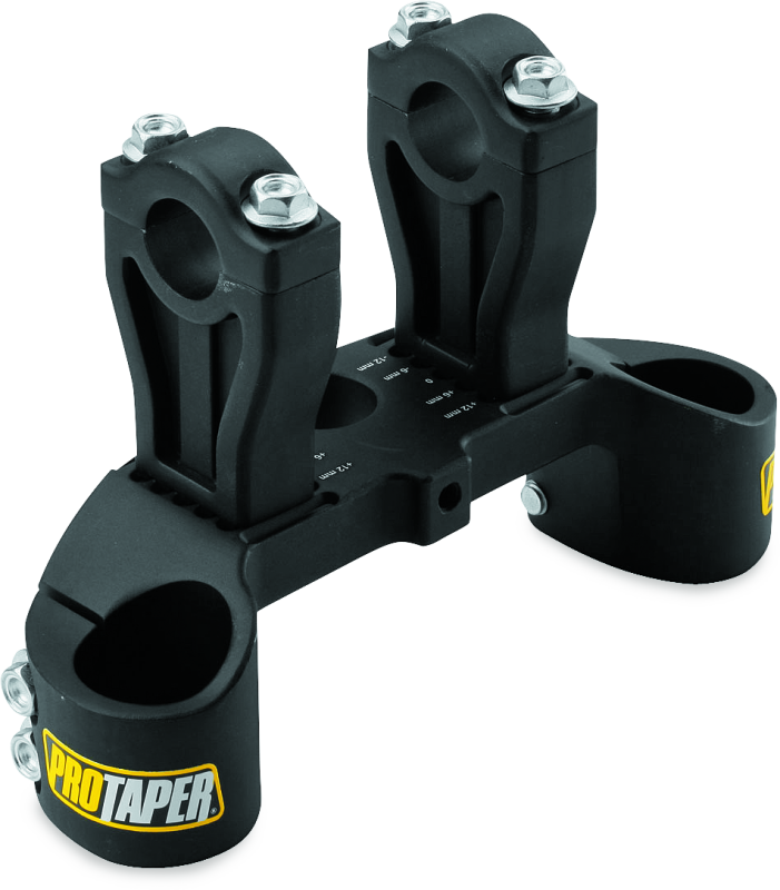 ProTaper Kawasaki KLX110 upper clamp assembly in black with mounting bolts, designed for motorcycle handlebar support.