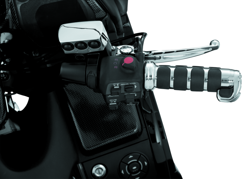 Kuryakyn ISO grips for Honda GL1800 motorcycle with chrome heated grips, featuring ergonomic design and textured surface.
