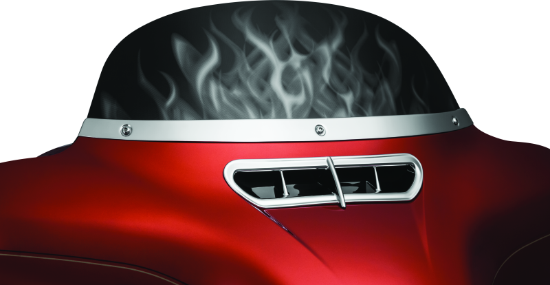 Kuryakyn chrome smooth windshield trim for Harley-Davidson touring models, part #1387, shown on motorcycle windshield.
