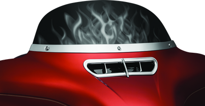 Kuryakyn chrome smooth windshield trim for Harley-Davidson touring models, part #1387, shown on motorcycle windshield.