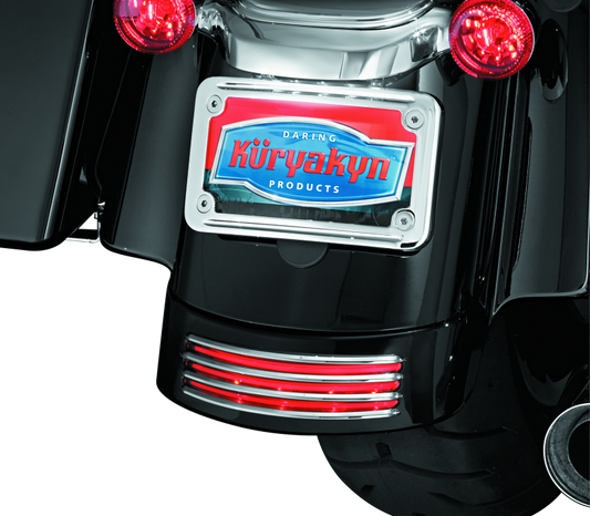 Chrome Kuryakyn rear fender accents for Harley Davidson FLHX and FLTR models, adding a stylish touch to motorcycle fenders.