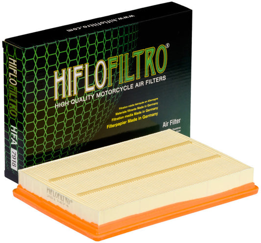 HIFLOFILTRO HFA7918 air filter for high-performance engines, showing a clean, rectangular automotive air filter with filter media.