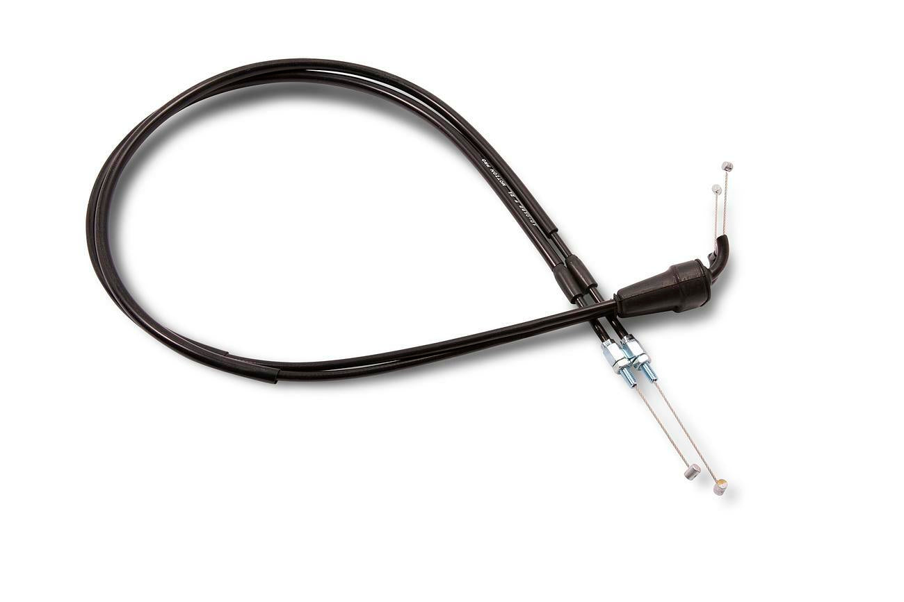 Black vinyl throttle cable push pull set for KTM and Husqvarna motorcycles by Motion Pro, includes multiple cables and fittings.