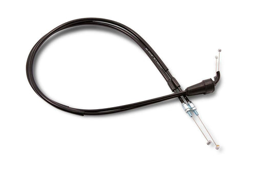 Black vinyl throttle cable push pull set for KTM and Husqvarna motorcycles by Motion Pro, includes multiple cables and fittings.