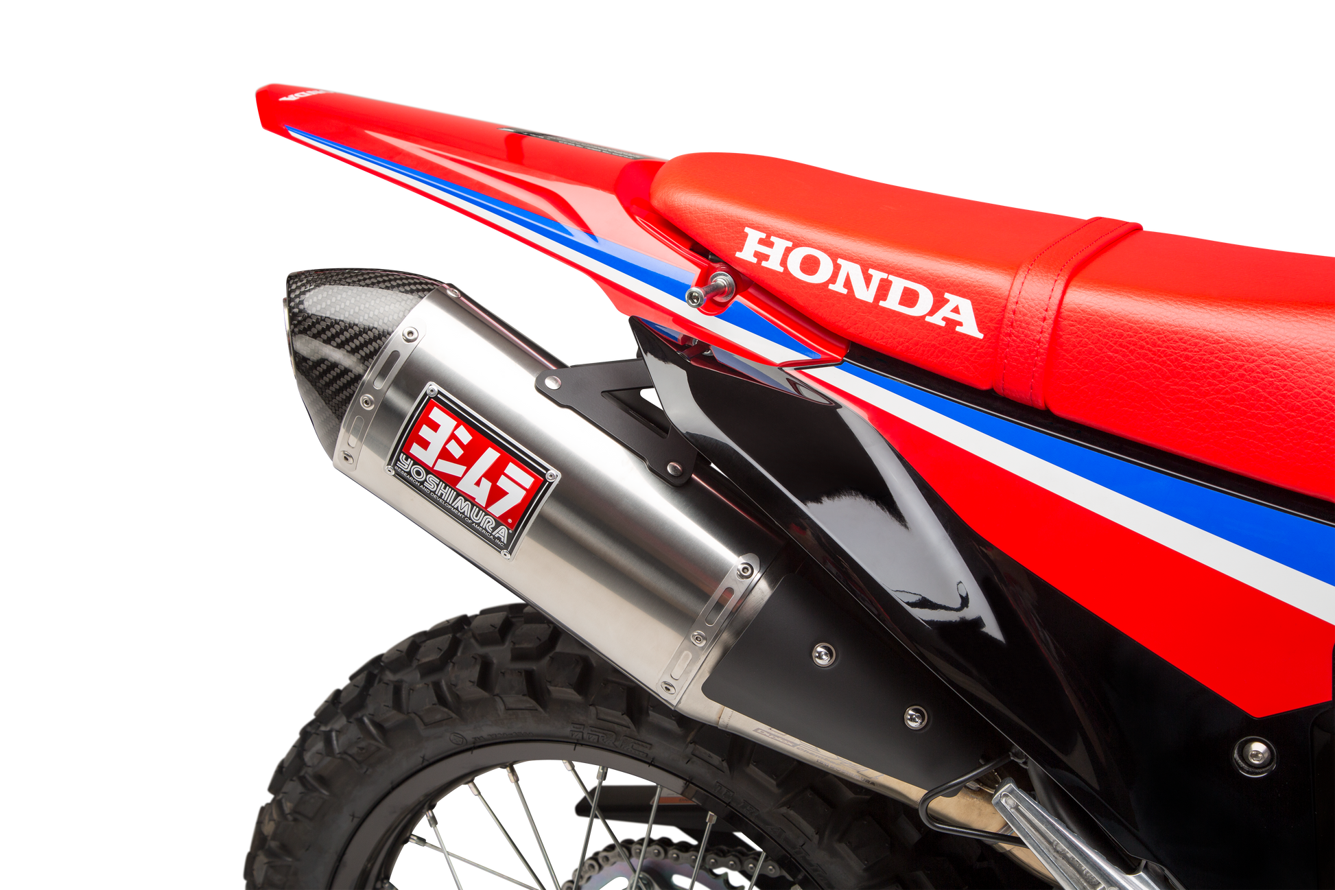 YOSHIMURA RS-4 Race Slip-On Exhaust for Honda SS/SS/CF motorcycle, showing the stainless steel and carbon fiber construction.