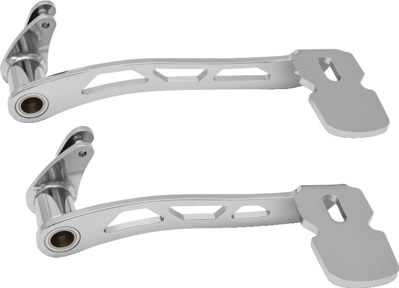 Kuryakyn chrome girder extended brake pedal for Harley Davidson 2014-2015 models without fairing lowers, mounted on motorcycle footrest.