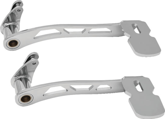 Kuryakyn chrome girder extended brake pedal for Harley Davidson 2014-2015 models without fairing lowers, mounted on motorcycle footrest.