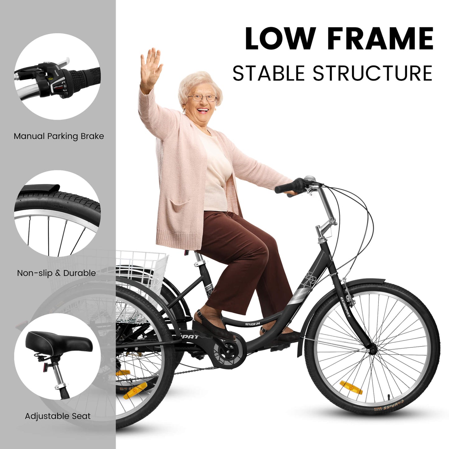 Hycline Ecarpat 24-inch 7-speed adult tricycle with sturdy frame and comfortable seating, ideal for leisurely rides.