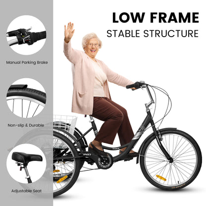 Hycline Ecarpat 24-inch 7-speed adult tricycle with sturdy frame and comfortable seating, ideal for leisurely rides.