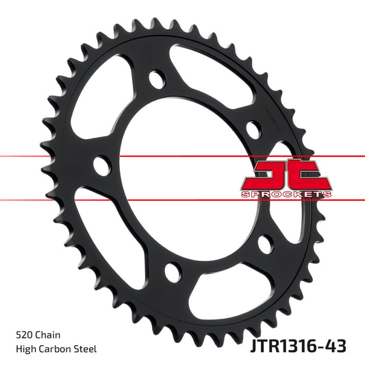 JT steel rear sprocket 43T for 520 chain, showing the durable metal sprocket with gear teeth and part number JTR1316.43