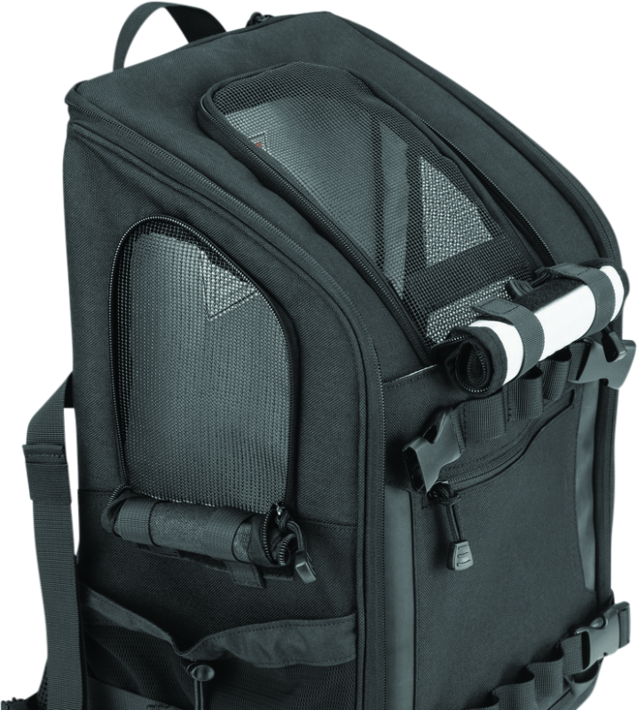 Kuryakyn Pet Palace Ruff-Pack backpack pet carrier with mesh sides and adjustable straps for small dogs up to 15 lbs.