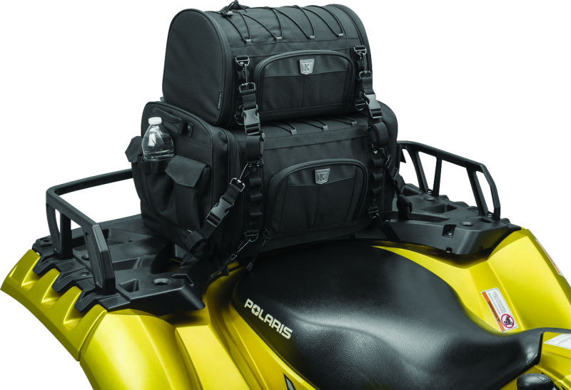 Kuryakyn Momentum Roll Bag for motorcycles, versatile storage with multiple mounting options, black roll-up bag with straps and zippers.