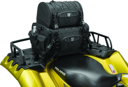 Kuryakyn Momentum Roll Bag for motorcycles, versatile storage with multiple mounting options, black roll-up bag with straps and zippers.