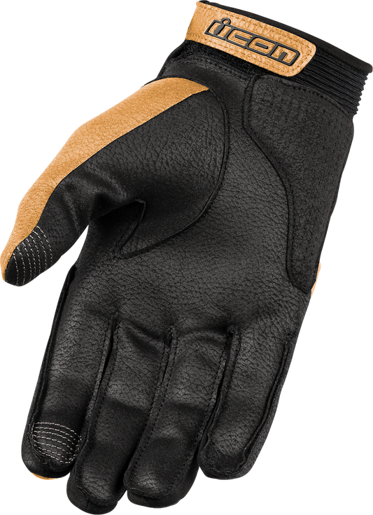 ICON Women's Superduty3™ Gloves in tan, small size, showing textured leather palms and adjustable wrist strap.