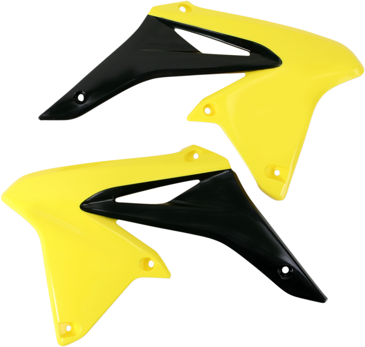 Yellow and black ACERBIS radiator shrouds for motorcycle body, with Bill's Exhausts branding visible on the product.