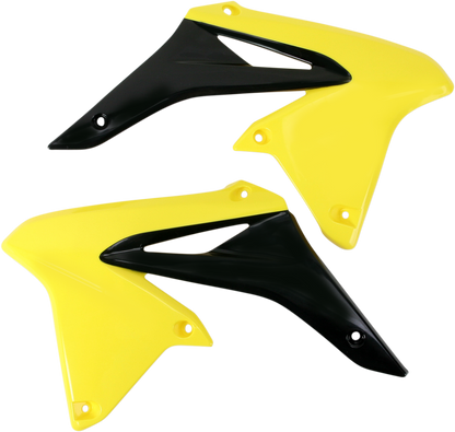 Yellow and black ACERBIS radiator shrouds for motorcycle body, with Bill's Exhausts branding visible on the product.