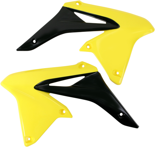Yellow and black ACERBIS radiator shrouds for motorcycle body, with Bill's Exhausts branding visible on the product.