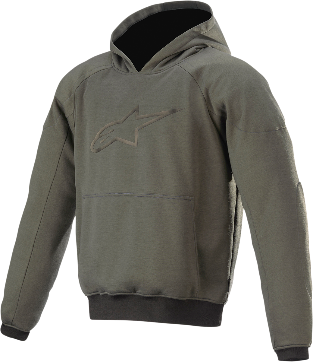 Alpinestars Ageless Hoodie in green, large size, featuring a casual fit with a front pocket and hood, displayed flat.