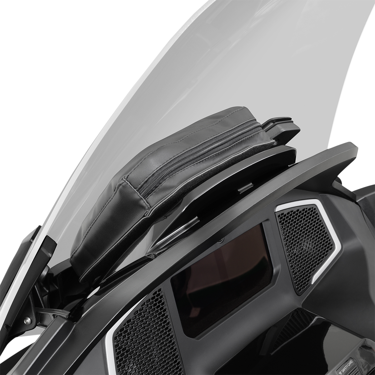 Bill's Exhausts Show Chrome Windshield Dash Pouch for Can-Am Spyder RT, mounted on motorcycle dashboard.