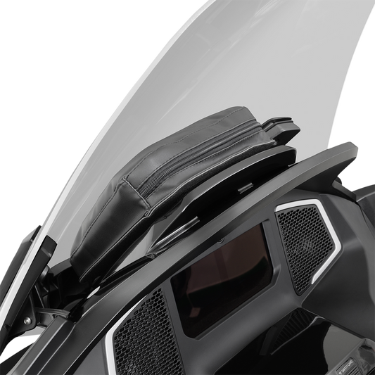 Bill's Exhausts Show Chrome Windshield Dash Pouch for Can-Am Spyder RT, mounted on motorcycle dashboard.