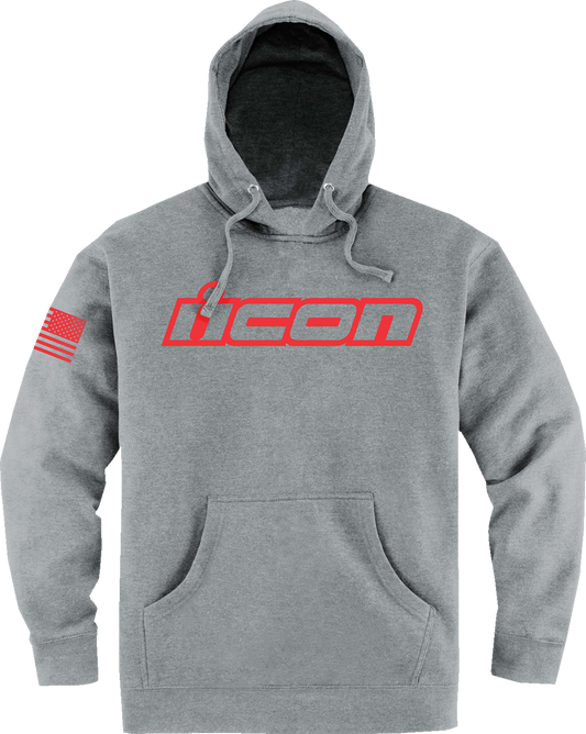 Bill's Exhausts ICON Clasicon™ hoodie in heather gray, medium size, showing front view with logo and soft fabric texture.