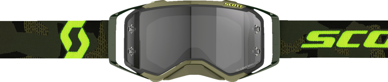 Scott Prospect Goggle in khaki green and neon yellow with light-sensitive gray lenses, designed for optimal visibility and protection