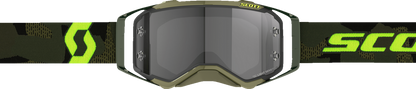 Scott Prospect Goggle in khaki green and neon yellow with light-sensitive gray lenses, designed for optimal visibility and protection
