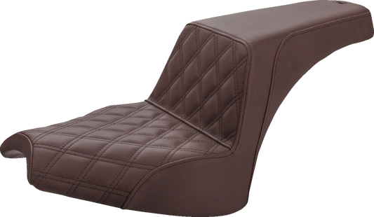 Bill's Exhausts SADDLEMEN Step Up Seat in brown with front lattice and smooth rear design for motorcycle comfort.
