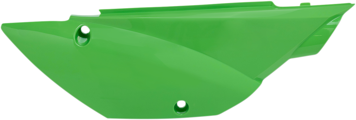 Green Acerbis side panels for motorcycle body, featuring bold design and brand logo, mounted on a bike.