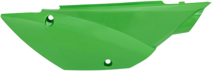 Green Acerbis side panels for motorcycle body, featuring bold design and brand logo, mounted on a bike.