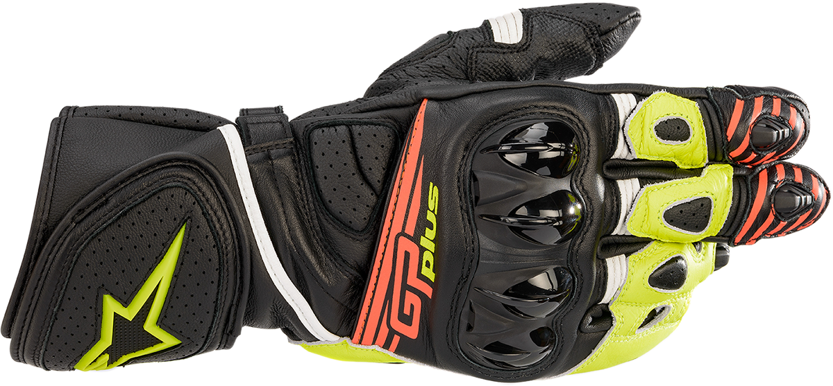 Alpinestars GP Plus R v2 motorcycle gloves in black with fluo yellow and red accents, size 3XL, showcasing protective design and branding.
