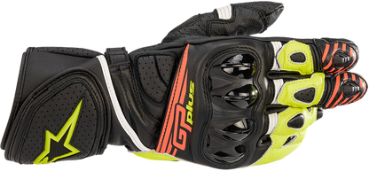 Alpinestars GP Plus R v2 motorcycle gloves in black with fluo yellow and red accents, size 3XL, showcasing protective design and branding.