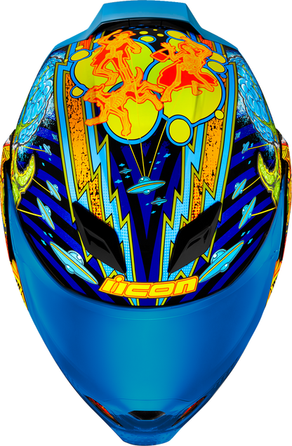 Blue ICON Airflite™ helmet in Bugoid Blitz design by Bill's Exhausts, featuring a sleek aerodynamic shape and detailed graphics.