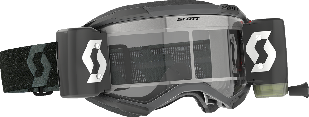 Scott Fury WFS goggles in black with clear lenses, designed for motocross or off-road riding, featuring a sturdy frame and adjustable strap.